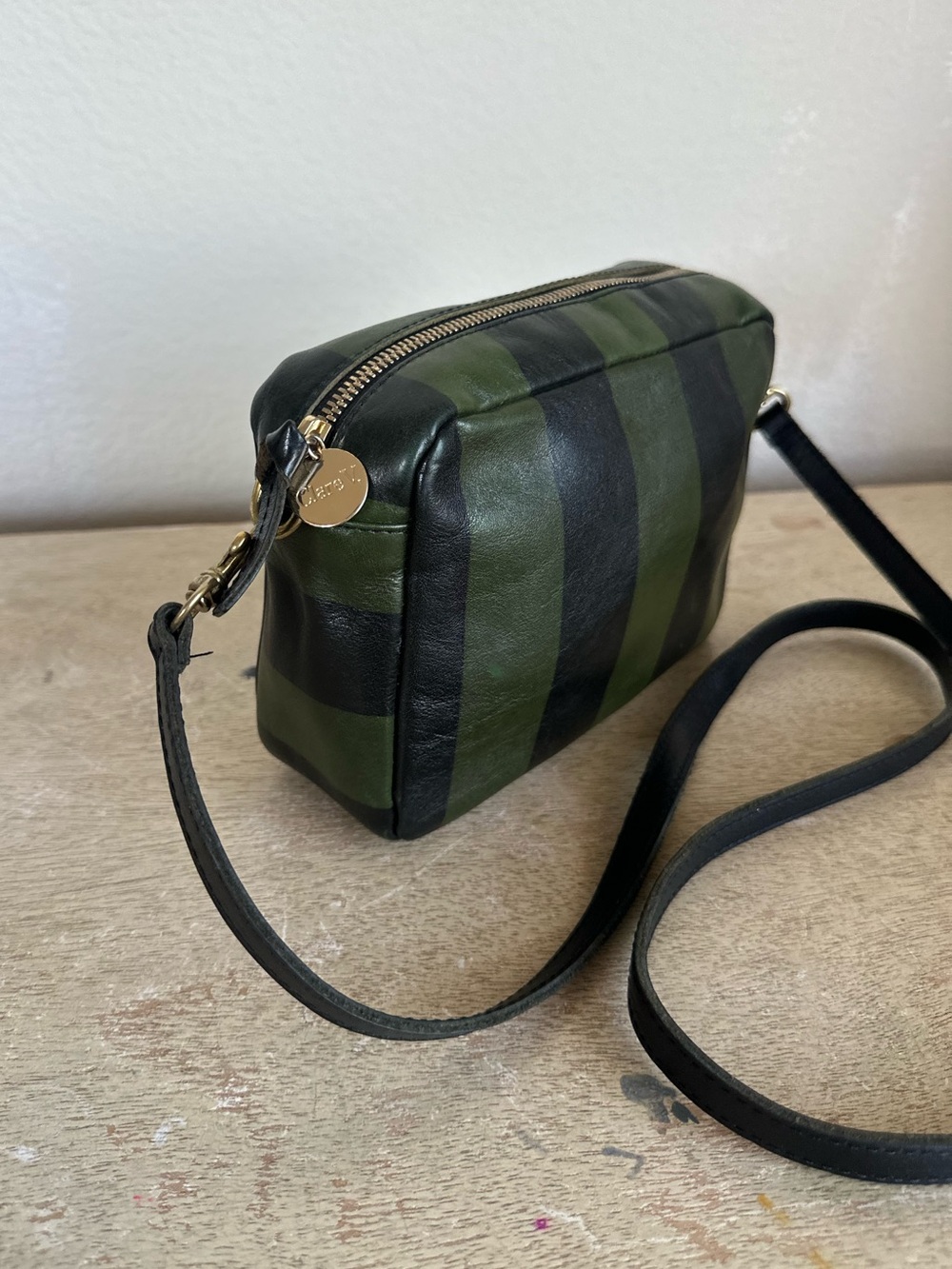 Clare V Striped Leather Crossbody Midi Sac Bag in Black/Fern Stripe - Picture 3 of 16